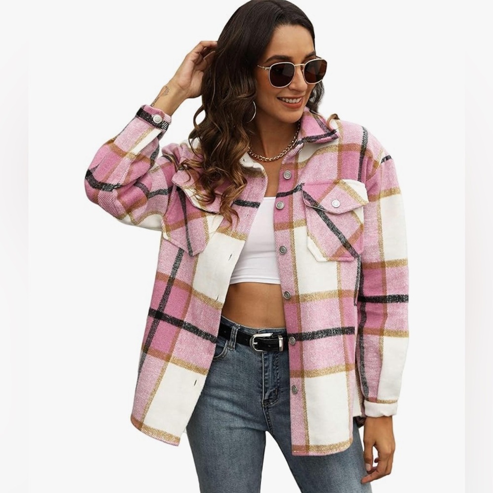 UANEO Womens Plaid Shacket Button Down Wool Blend Fall Flannel Shirt Jacket XS